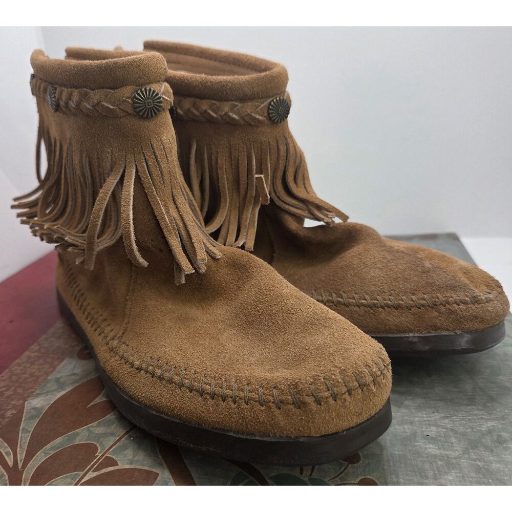 Minnetonka Womens Hi Top Back Zip Western Ankle Boot Sz 7 Buckskin Suede Fringe